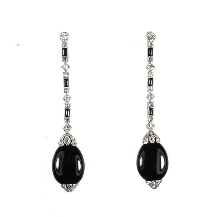 Pair of early onyx drop and diamond pendant earrings